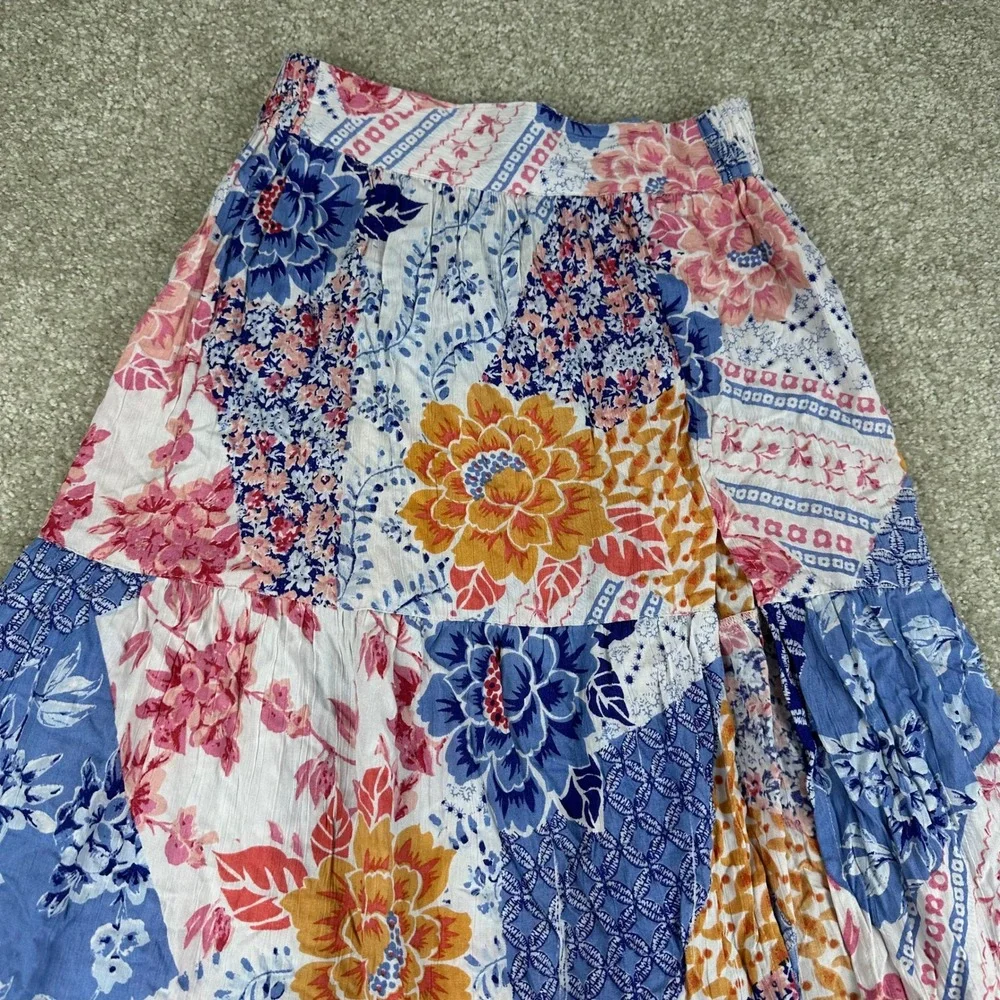 Angie Boho Patchwork Floral Maxi Skirt Small Slit Festival Cottagecore Coastal